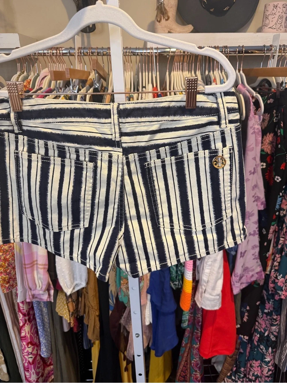 Tory Burch Navy and Cream Striped Tie-Waist Shorts